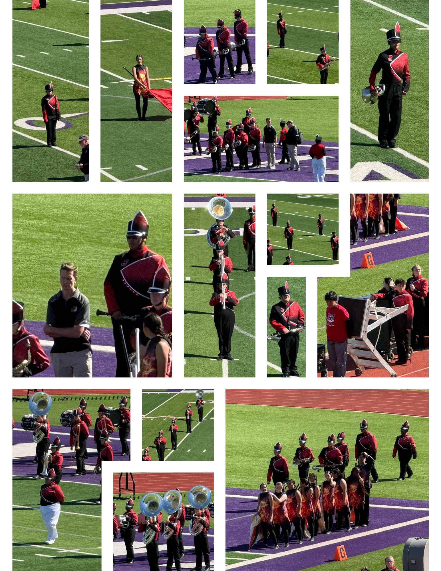 A collage of photos shows members of a marching band in red and black uniforms on a green and purple football field.