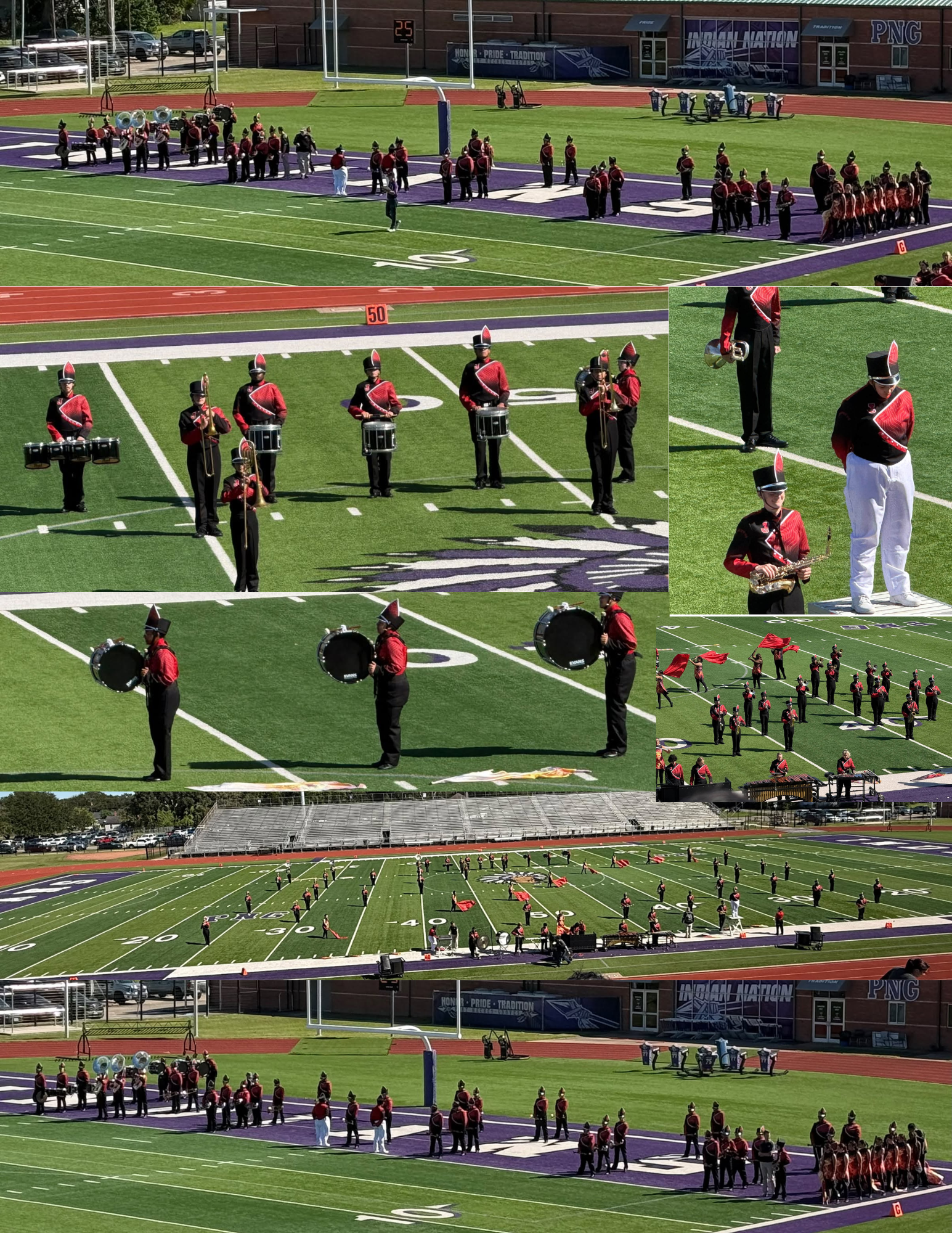 A high school marching band in red and black uniforms practices formations on a green football field.