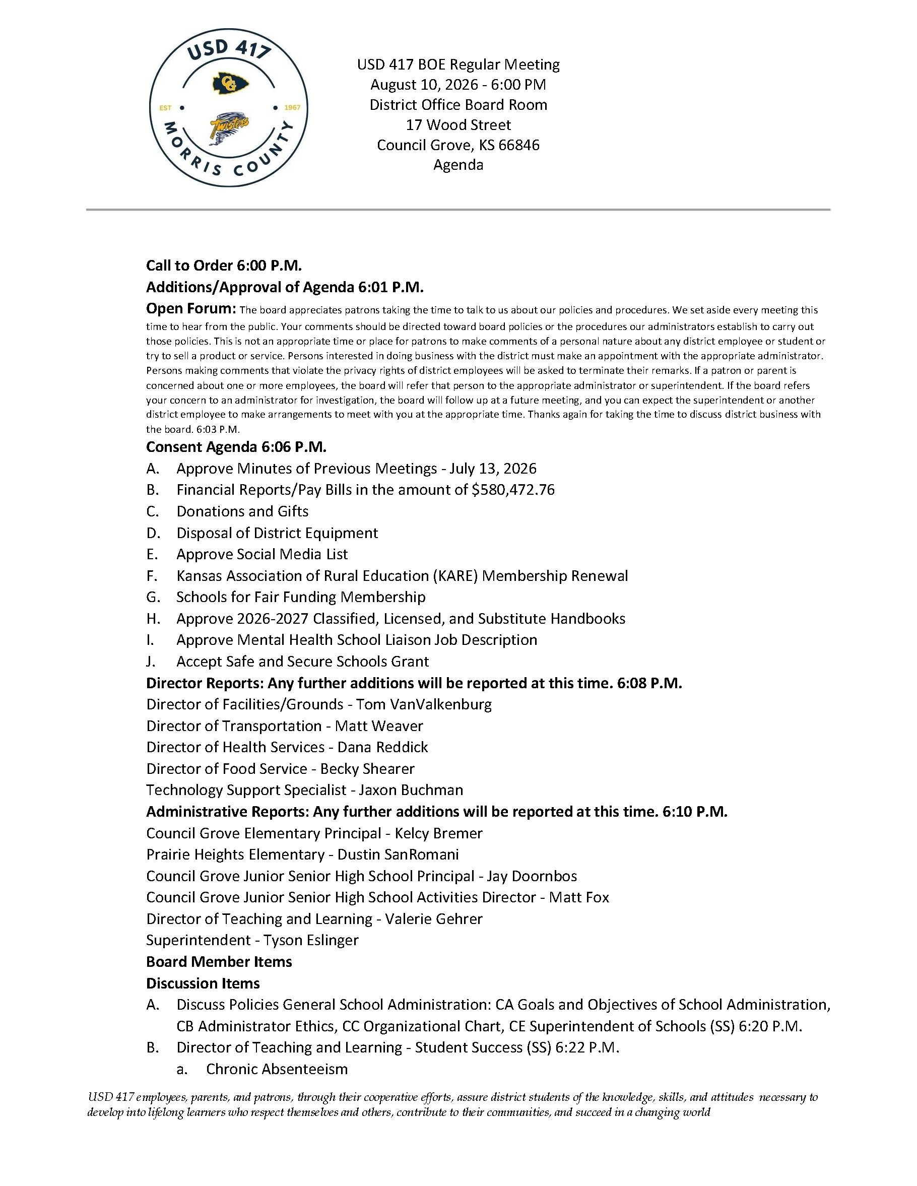 USD 417 August 10 Regular BOE Meeting Agenda