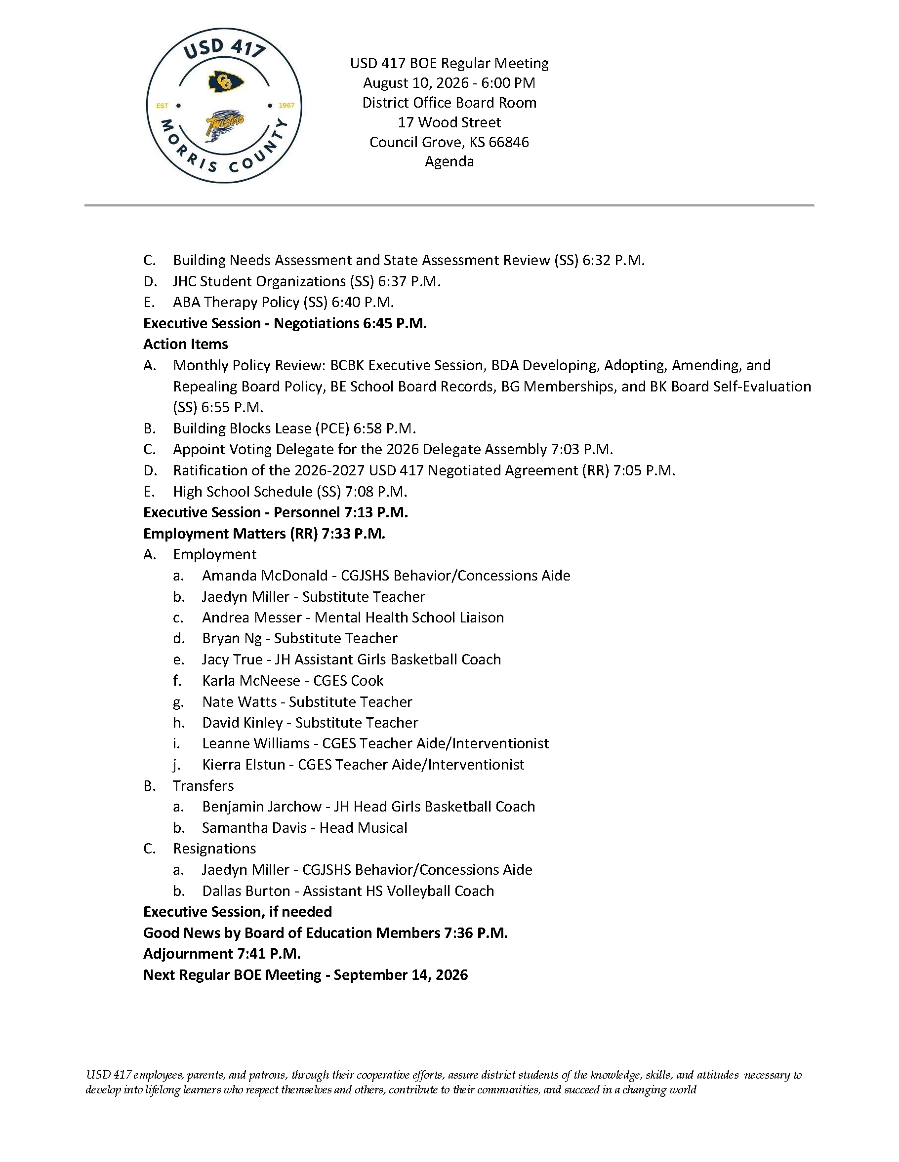 Agenda for USD 417 Board of Education Regular Meeting on August 10, 2026, at 6:00 PM.
