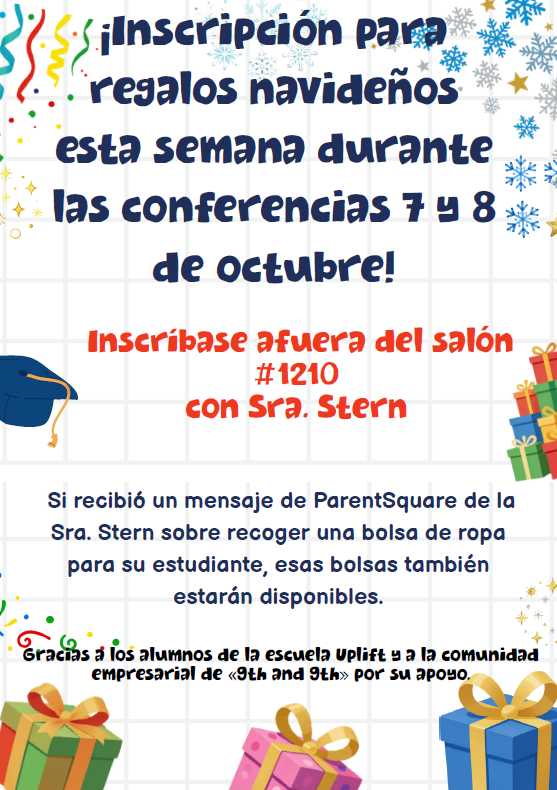 A colorful Spanish flyer announces holiday gift signups during October conferences, featuring festive icons like snowflakes and wrapped presents.