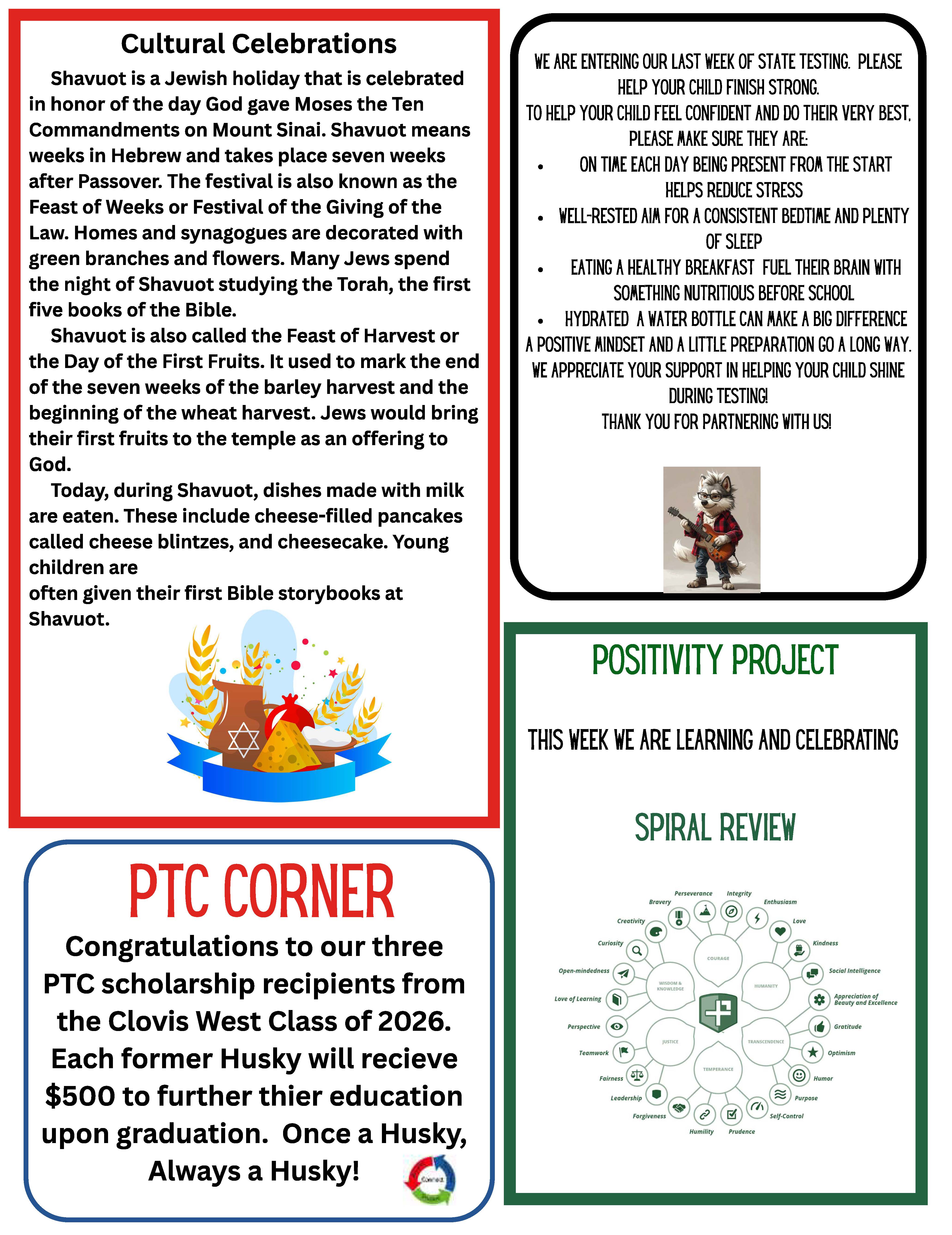 A graphic displays information about the Jewish holiday Shavuot, including its traditions and foods.