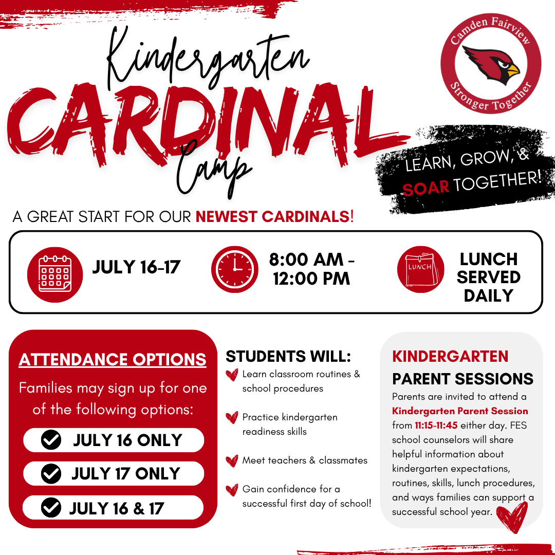 🍎 Join us for the first Kindergarten Cardinal Camp! ❤️🤍