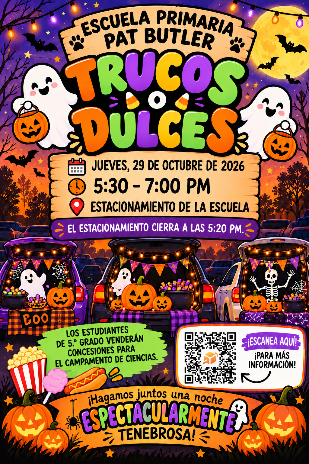 A colorful flyer for a 'Trucos o Dulces' Halloween event at Pat Butler Elementary School on Thursday, October 29, 2026, from 5:30 to 7:00 PM.