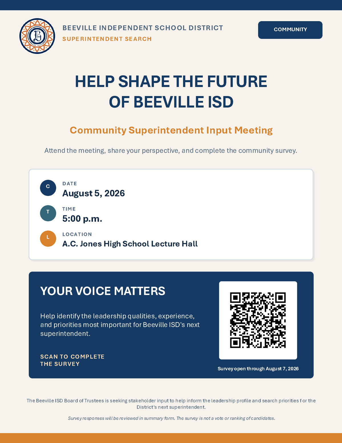 Help Shape the Future of Beeville ISD - Community Superintendent Input Meeting