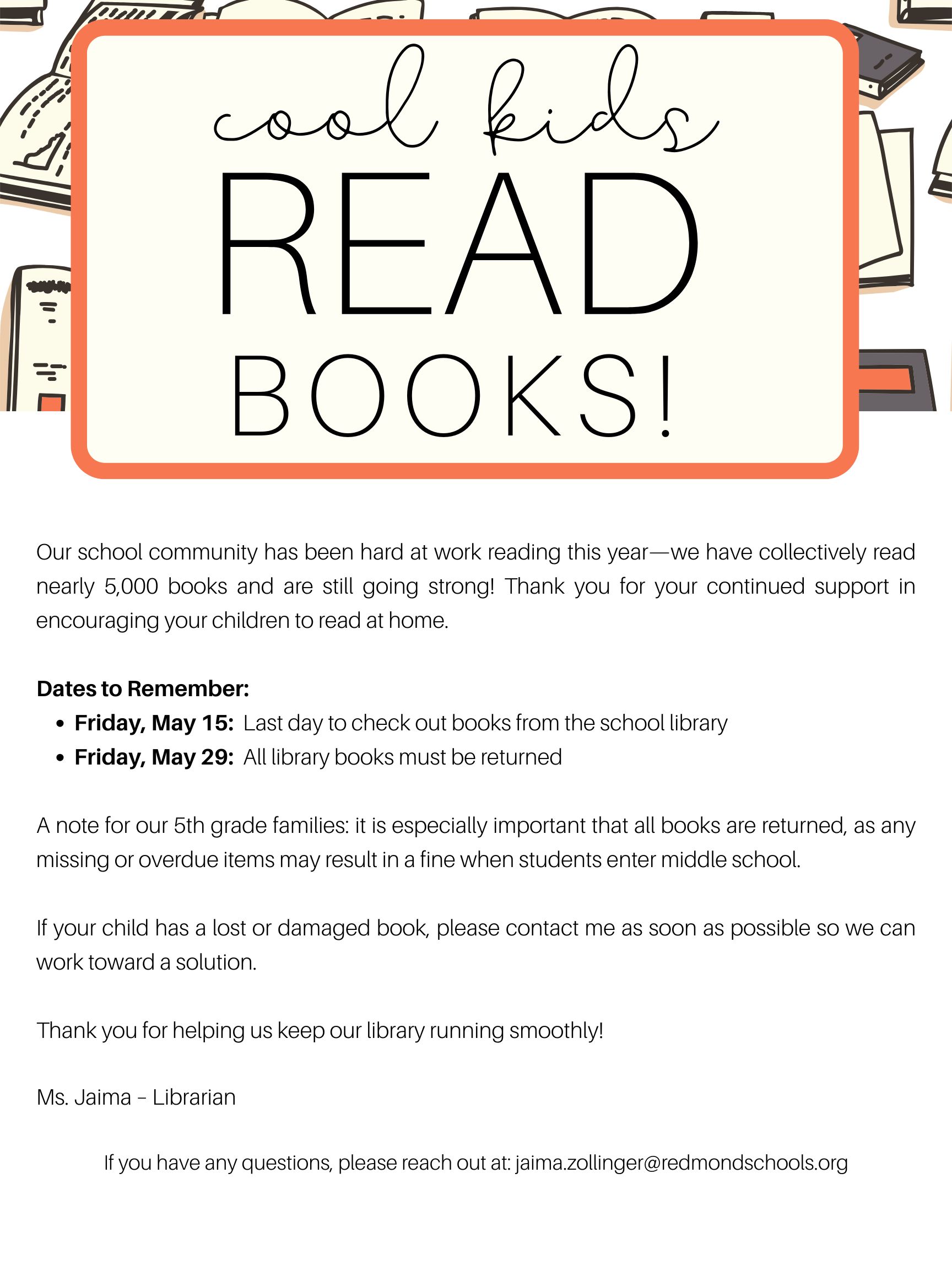 A poster with the text 'cool kids READ BOOKS!' and illustrations of books.
