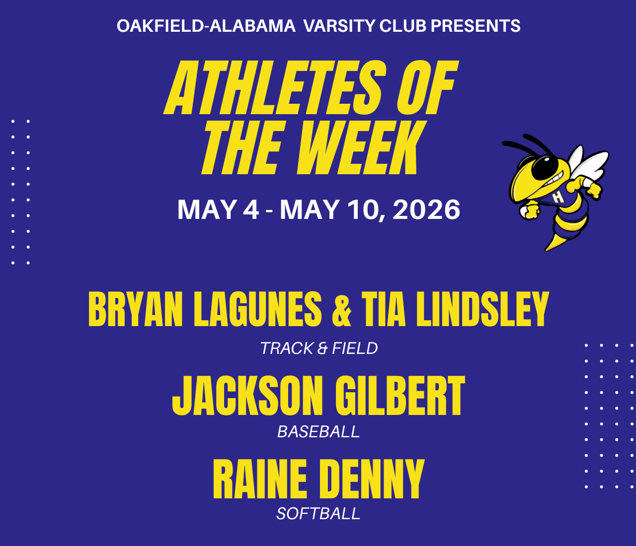 OA VARSITY CLUB - ATHLETES OF THE WEEK - MAY 4 - May 10, 2026
