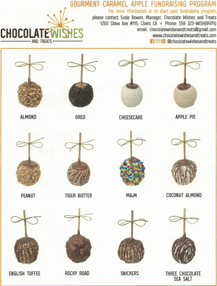 A fundraising flyer for Chocolate Wishes and Treats showcases twelve different gourmet caramel apple flavors.