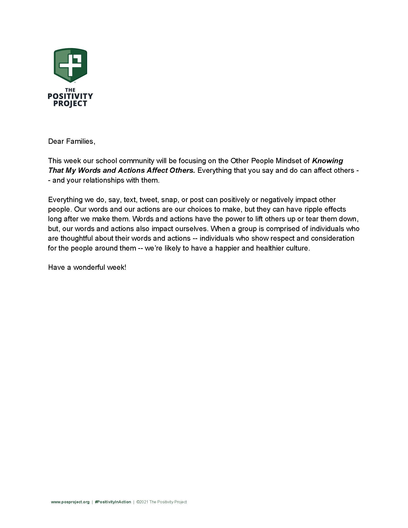 A letter from The Positivity Project discussing how words and actions affect others.