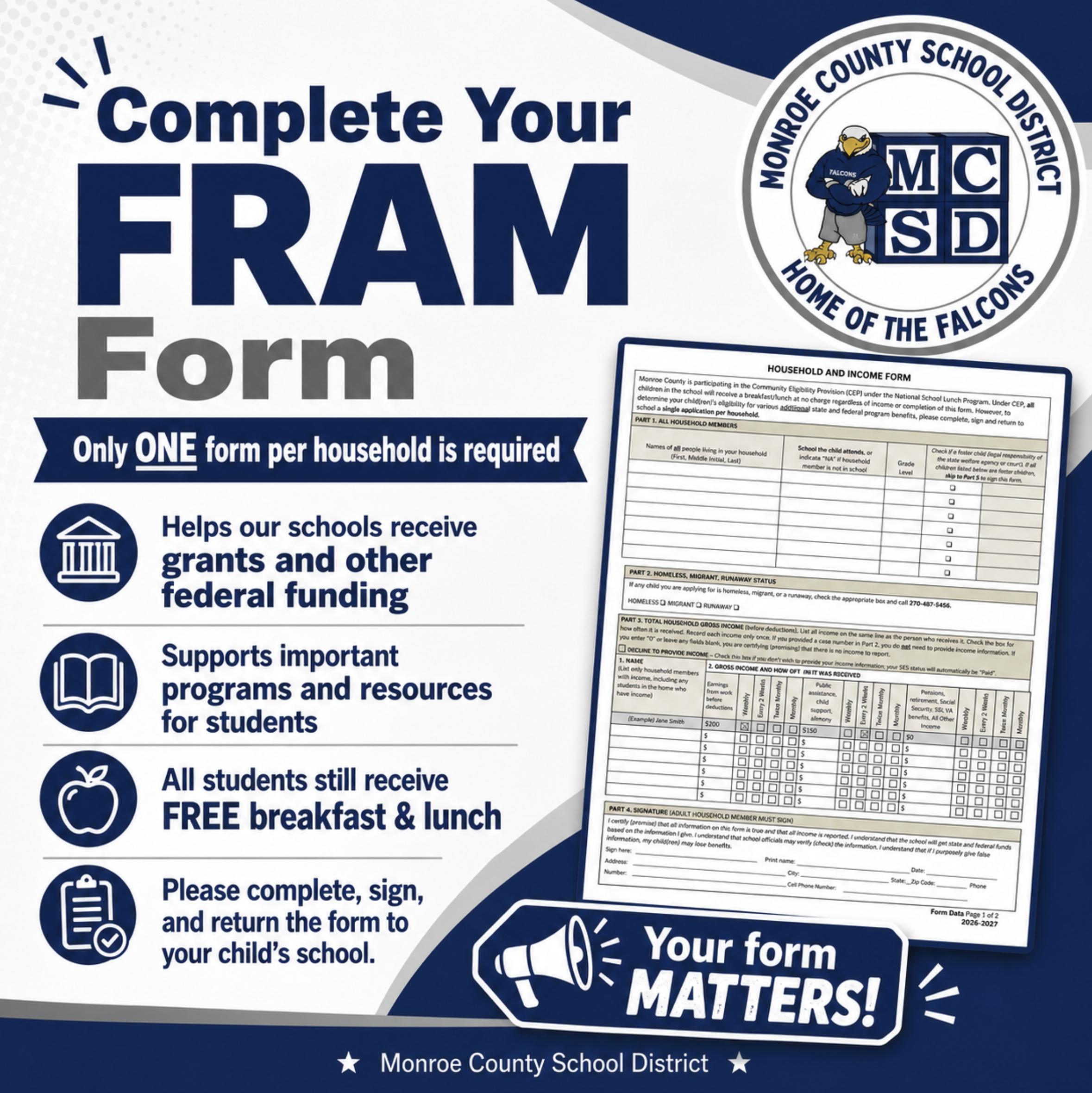 A flyer for Monroe County School District encourages completing the FRAM form for grants and student benefits.
