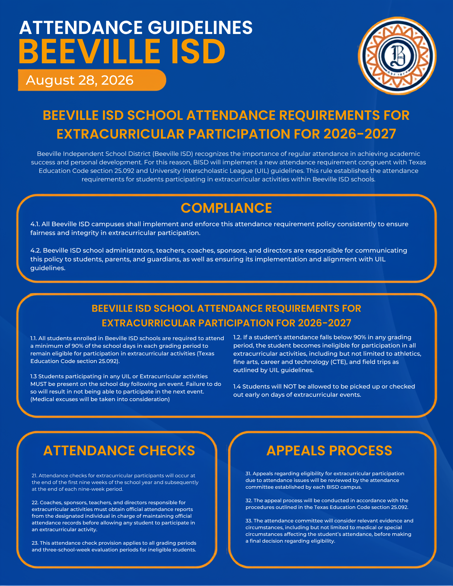 Beeville ISD Extracurricular Participation Attendance Requirements for 2026–2027