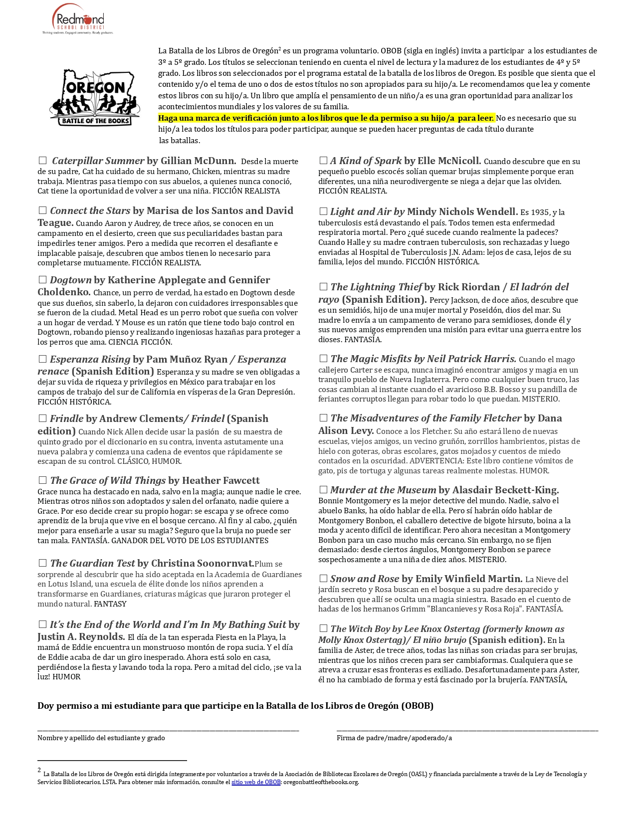 A document in Spanish outlining the Oregon Battle of the Books program, featuring a reading list with titles and descriptions.