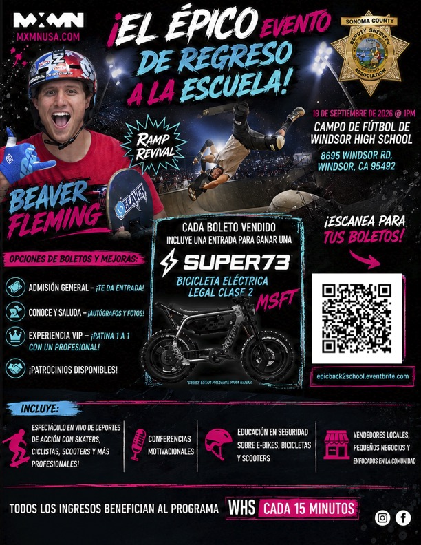 A promotional flyer for an extreme sports back-to-school event featuring Beaver Fleming, skate ramp action, and a Super73 electric bike giveaway.