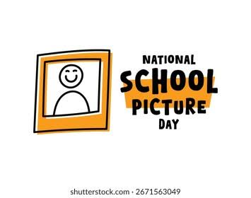 A graphic illustration celebrating National School Picture Day, featuring a stylized orange photo frame with a smiling stick figure inside.