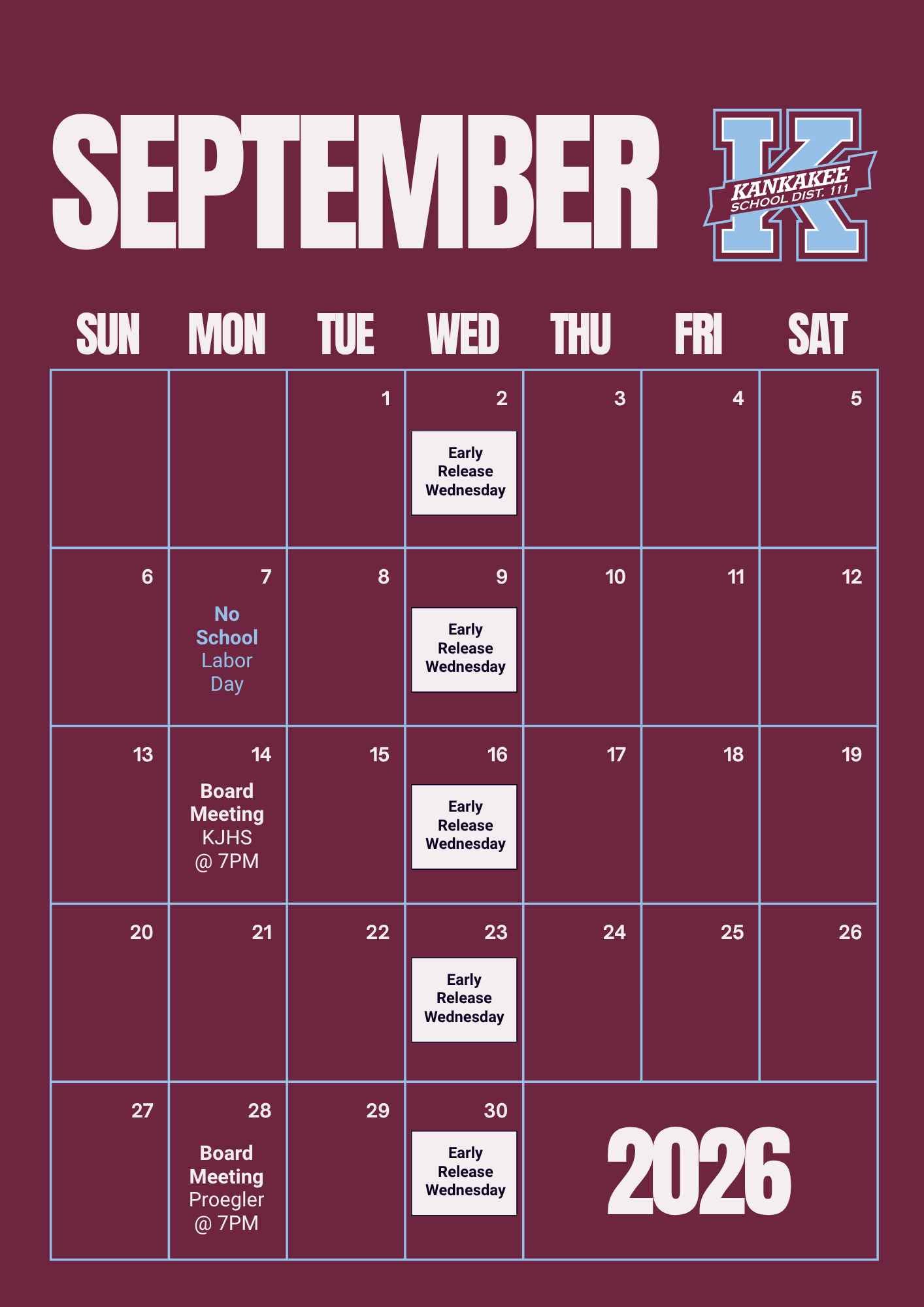 September 2026: Early Release Wednesday's Begin
