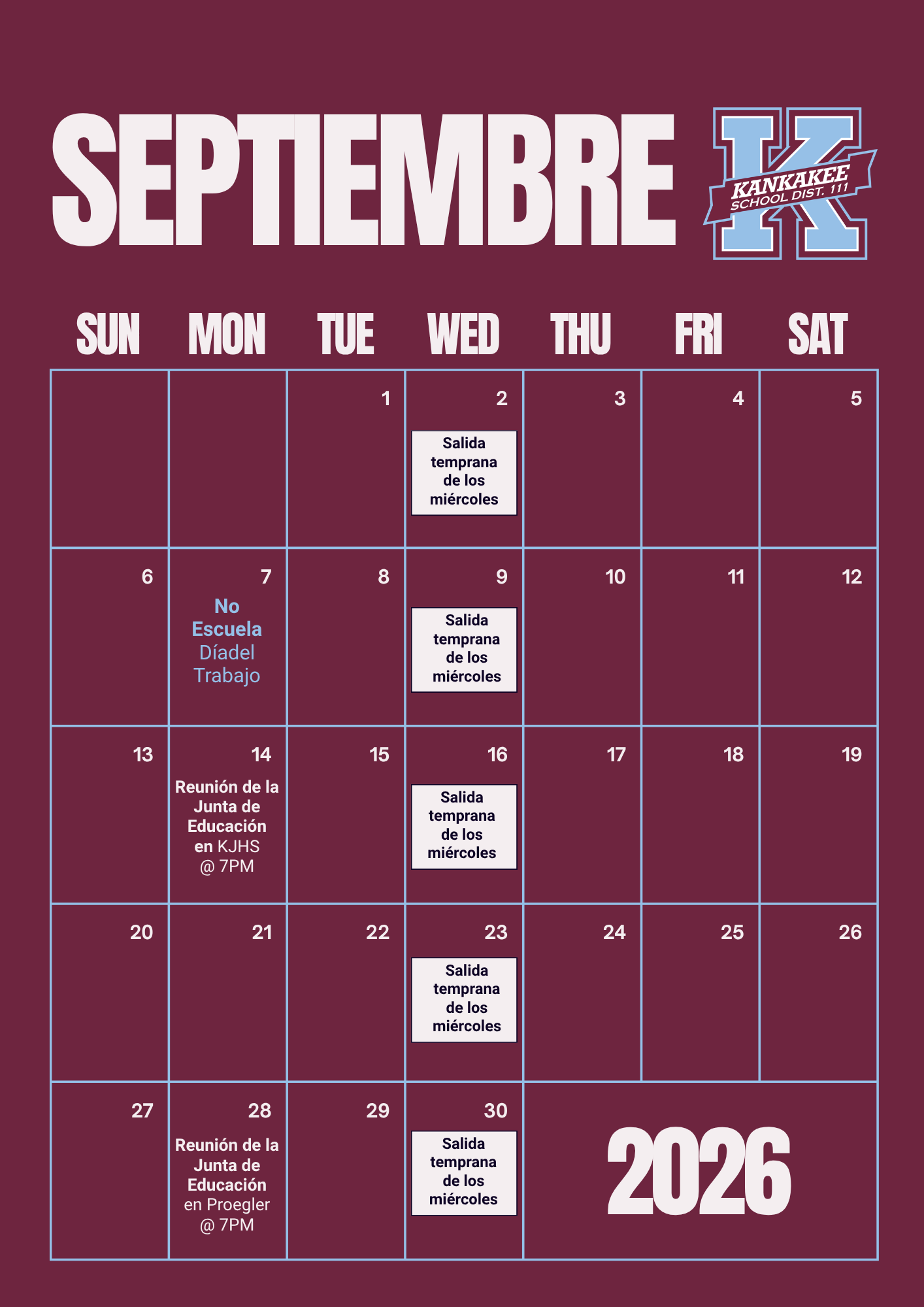 A school district calendar for September 2026, featuring maroon and light blue colors with white text.
