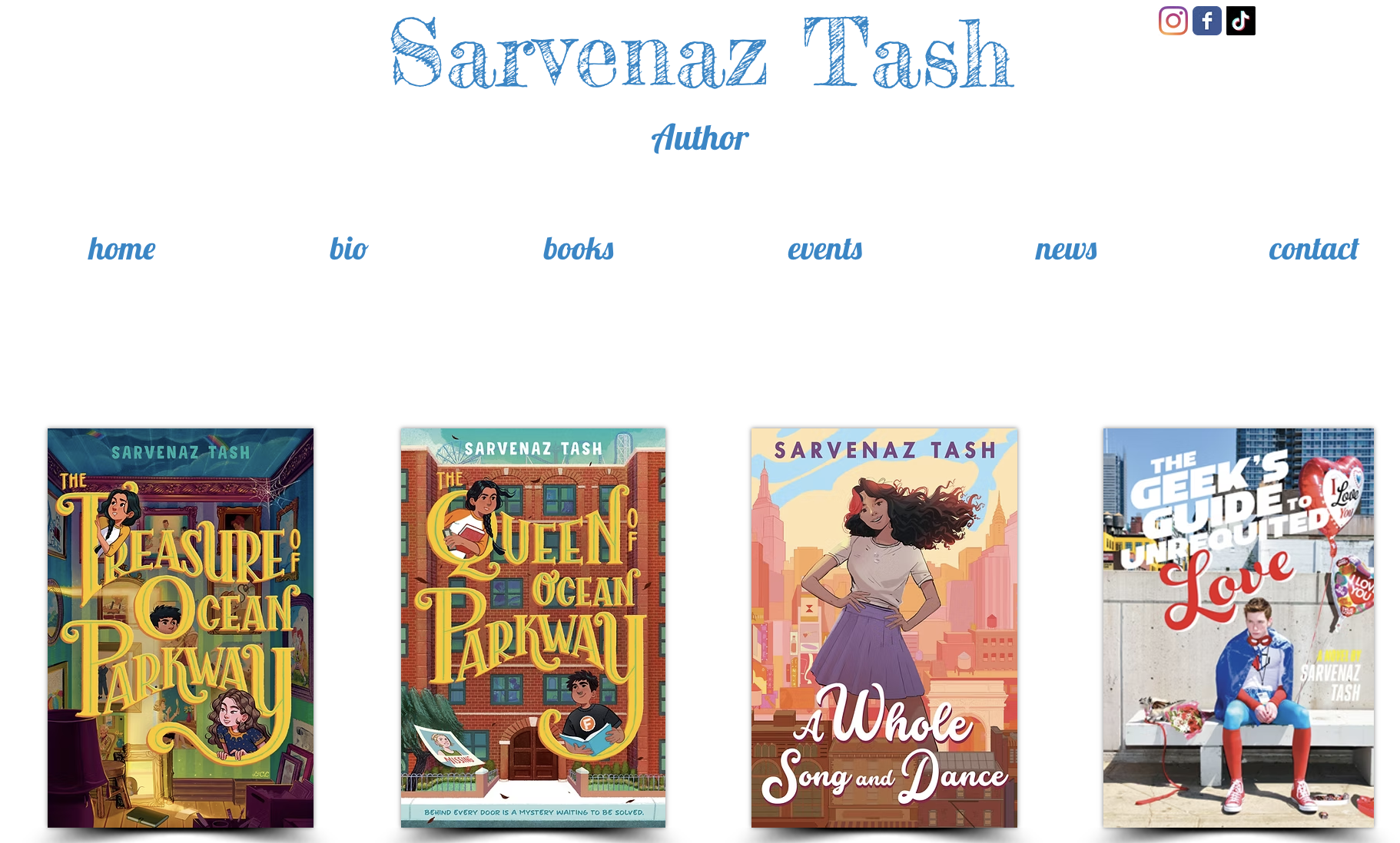 A website header for author Sarvenaz Tash with navigation links and four book covers displayed below.