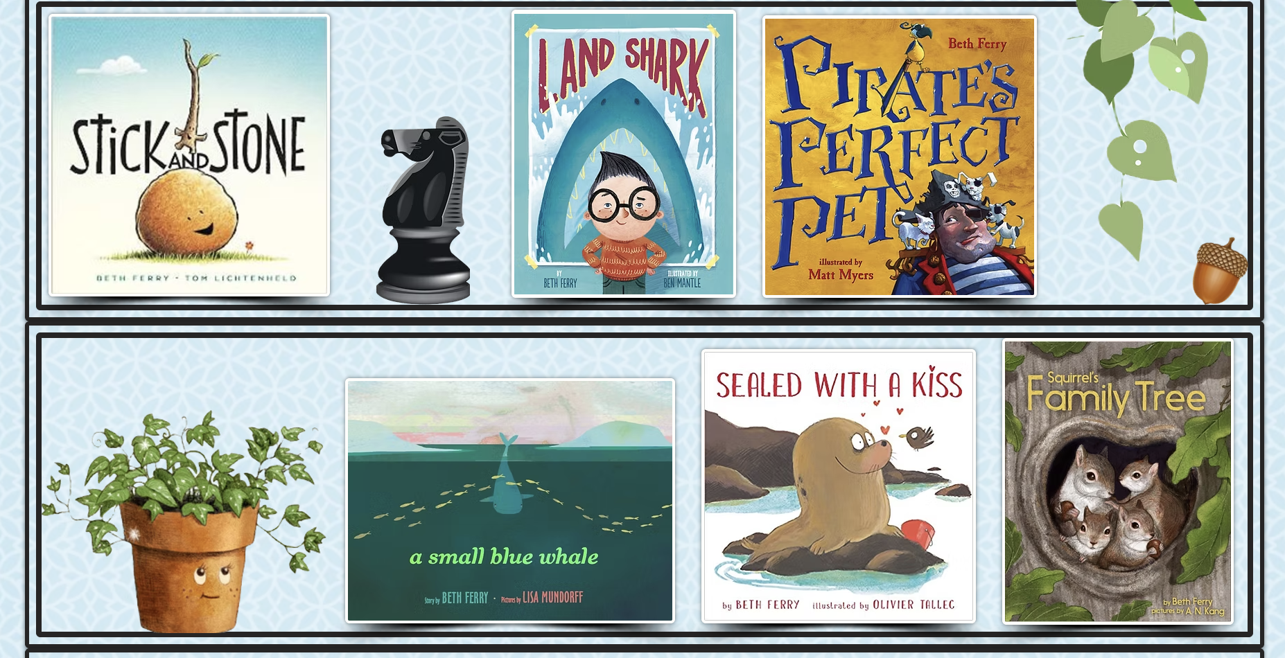 A digital collage features children's book covers like "Stick and Stone" and "Land Shark," arranged against a blue patterned background with a potted plant and chess piece.