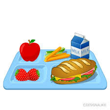 A light blue lunch tray holds a sandwich, apple, strawberries, vegetable sticks, and a carton of milk.