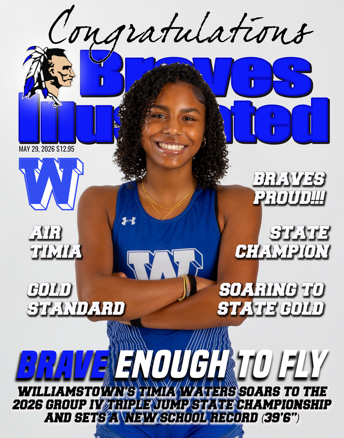 A smiling young woman in a blue athletic uniform stands with her arms crossed, celebrating a championship win.