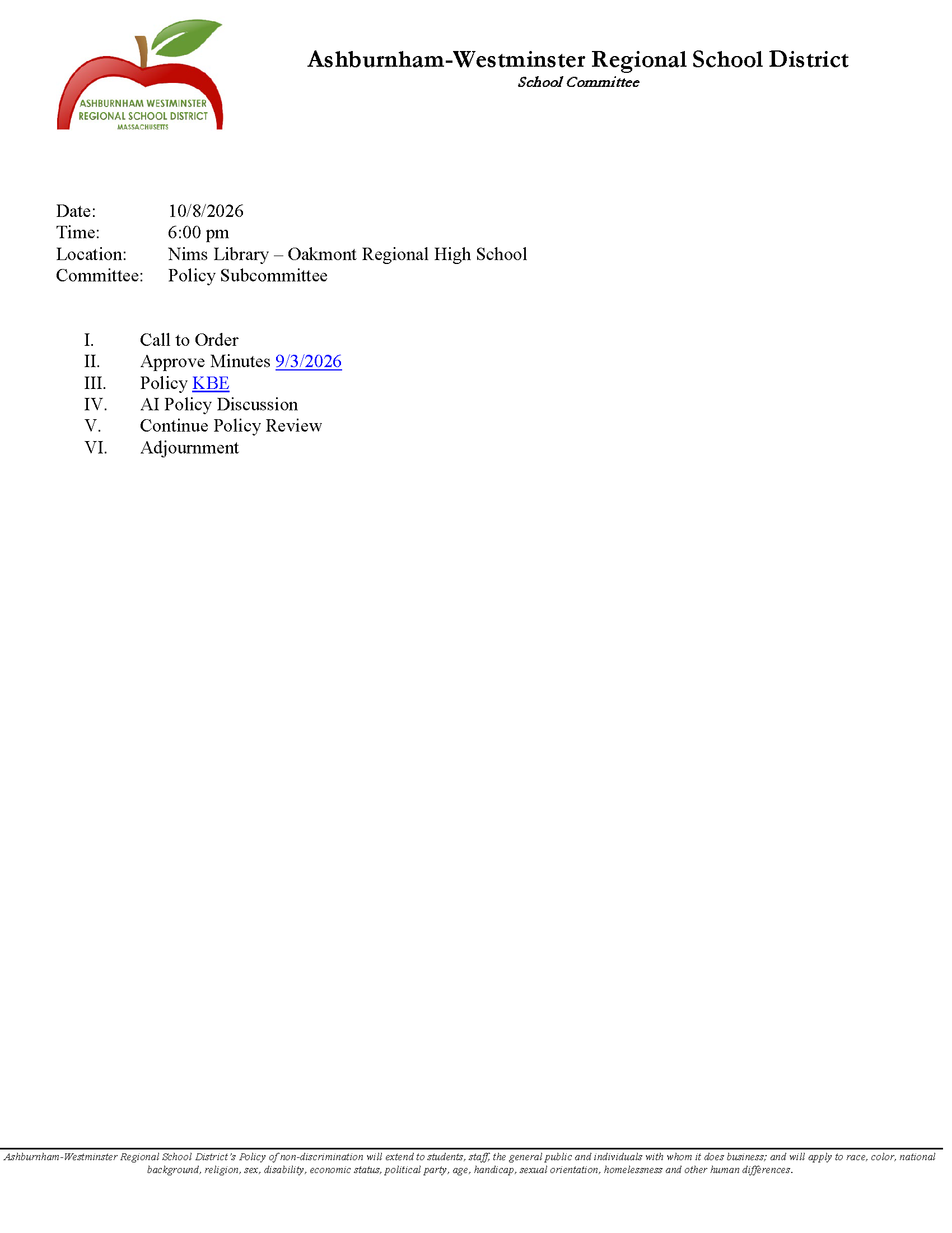 Policy Subcommittee Meeting - 10/8/2026