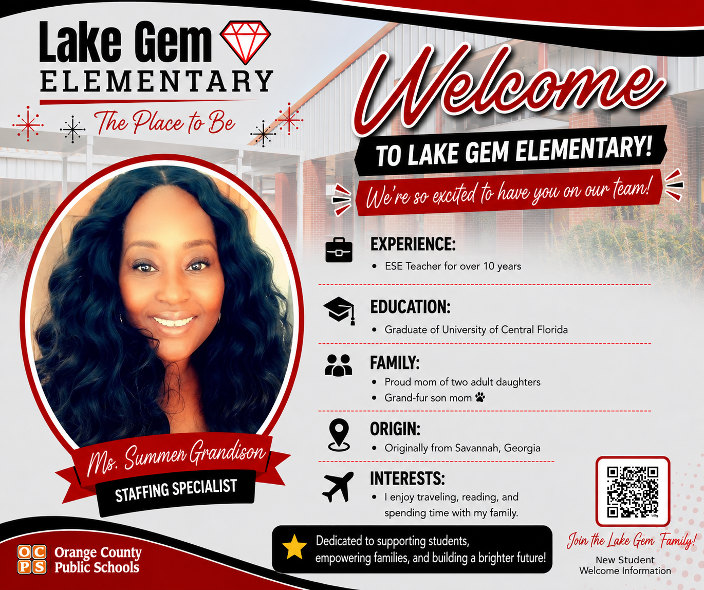 Welcome to Lake Gem Elementary featuring Ms. Summer Grandison, Staffing Specialist.