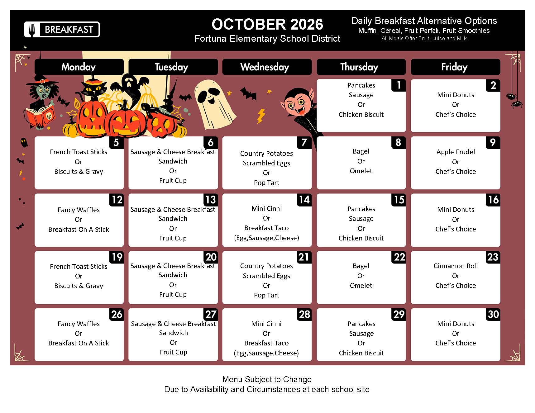 October Menus and FESD Calendar of Events 🍁
