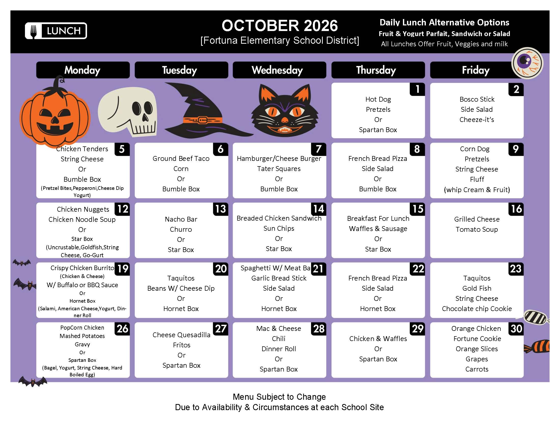 A school lunch menu for October 2026, featuring themed Halloween illustrations and daily meal options.