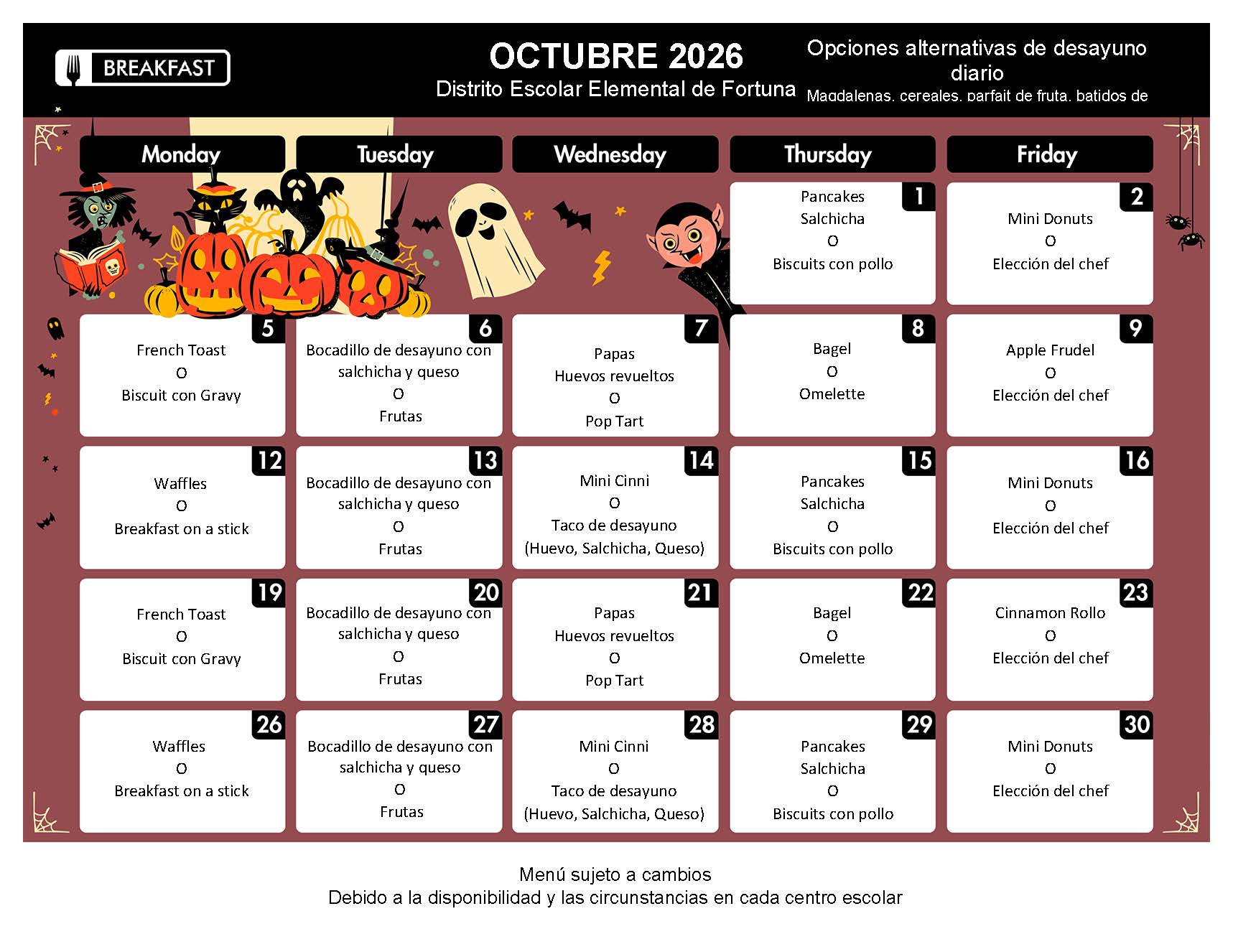 A school breakfast menu calendar for October 2026, featuring Halloween decorations and daily meal options in Spanish and English.