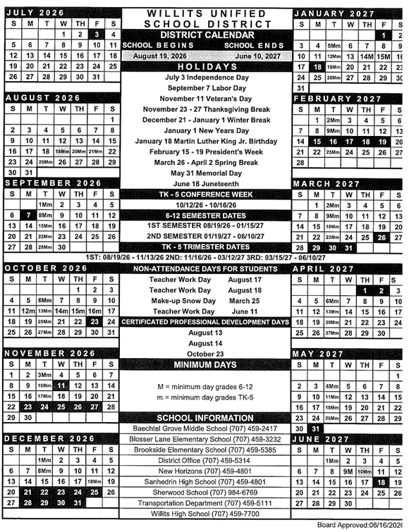 26-27 District Calendar, and Reminder for Minimum days
