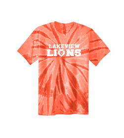 A short-sleeved orange tie-dye t-shirt featuring the white text "LAKEVIEW LIONS" with a lion head emblem.