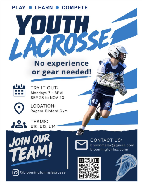 A promotional flyer for youth lacrosse with blue and white graphics, featuring a player in uniform and details about upcoming sessions.