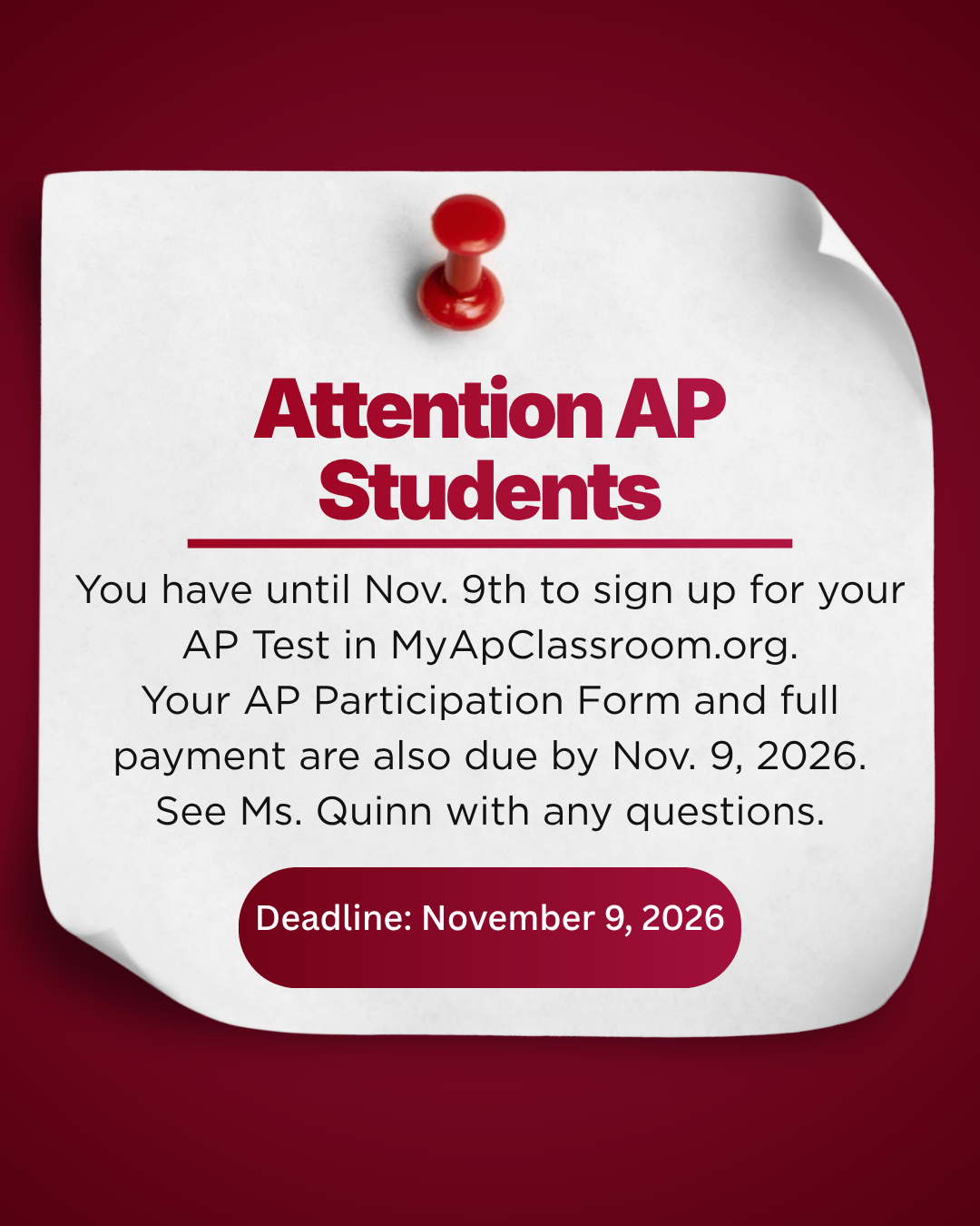 Attention AP Students - Registration Deadline is approaching!