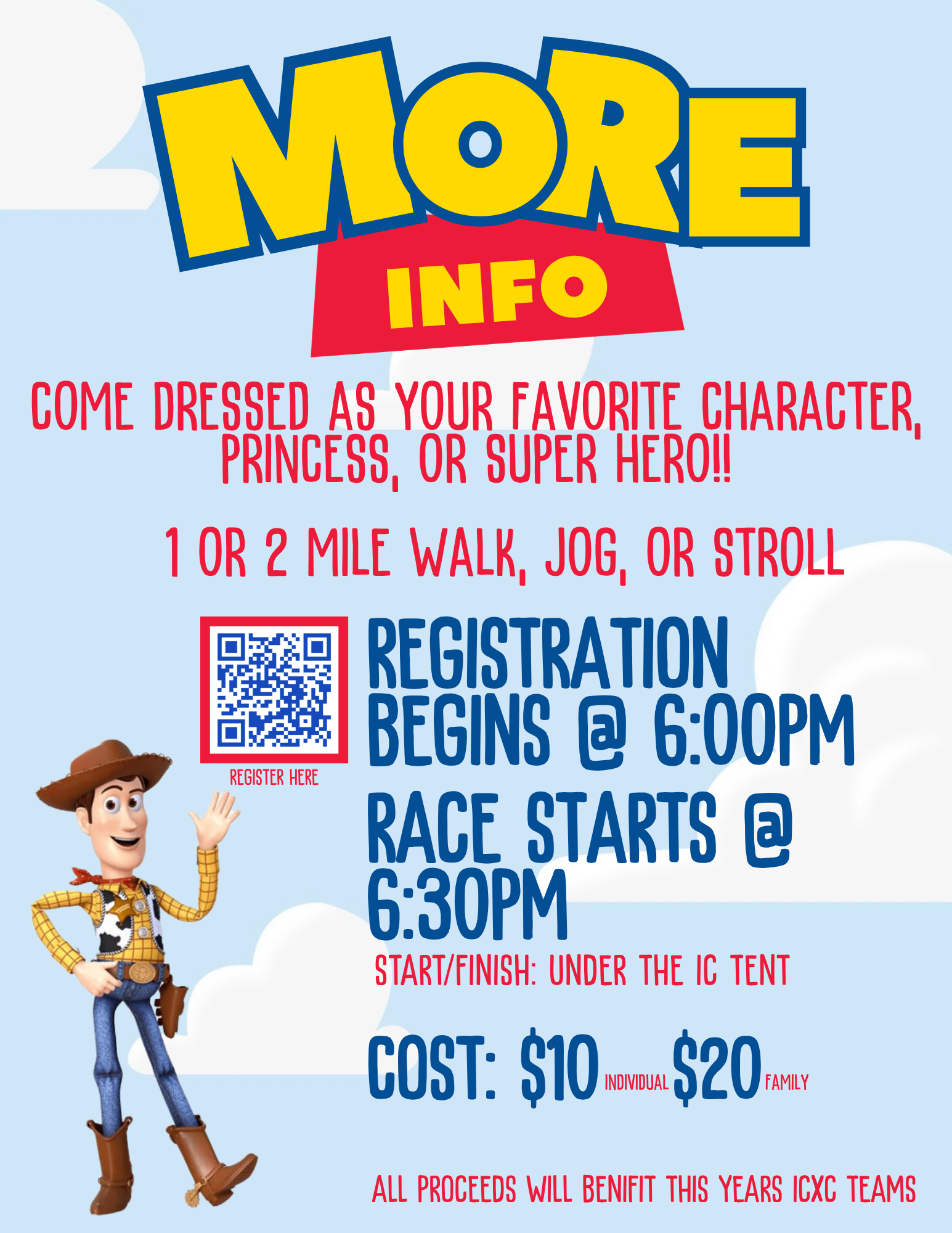 Event poster with Woody from Toy Story, announcing a 1 or 2 mile walk, jog, or stroll.