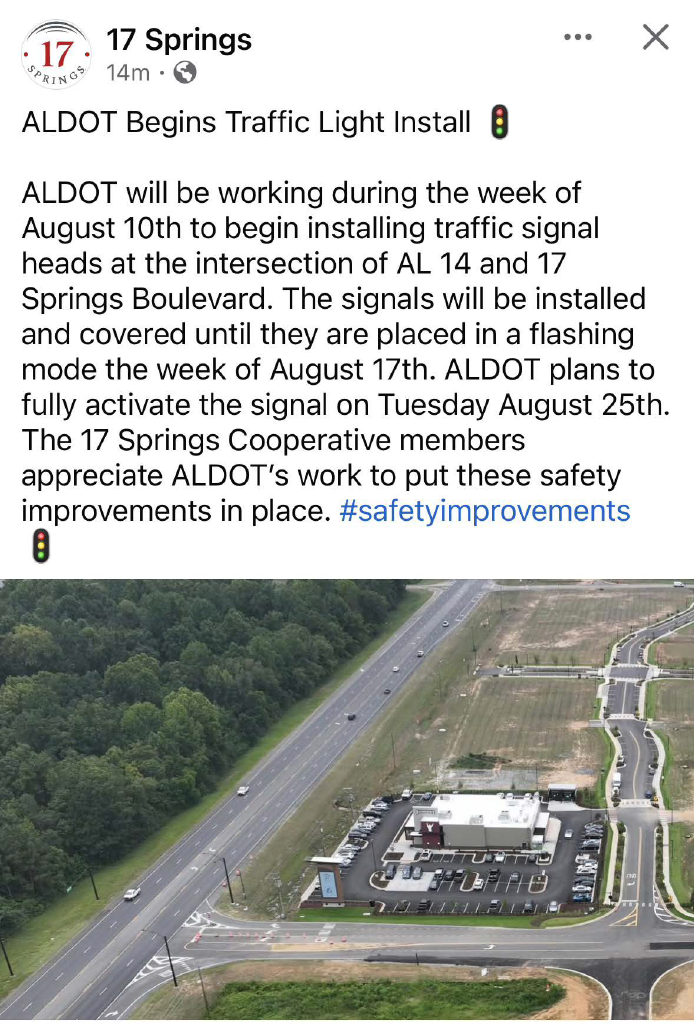 ALDOT Begins Traffic Light Install at 17 Springs
