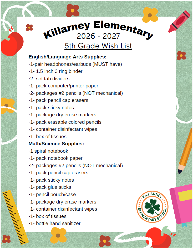 5th Grade School Supply List 26-27