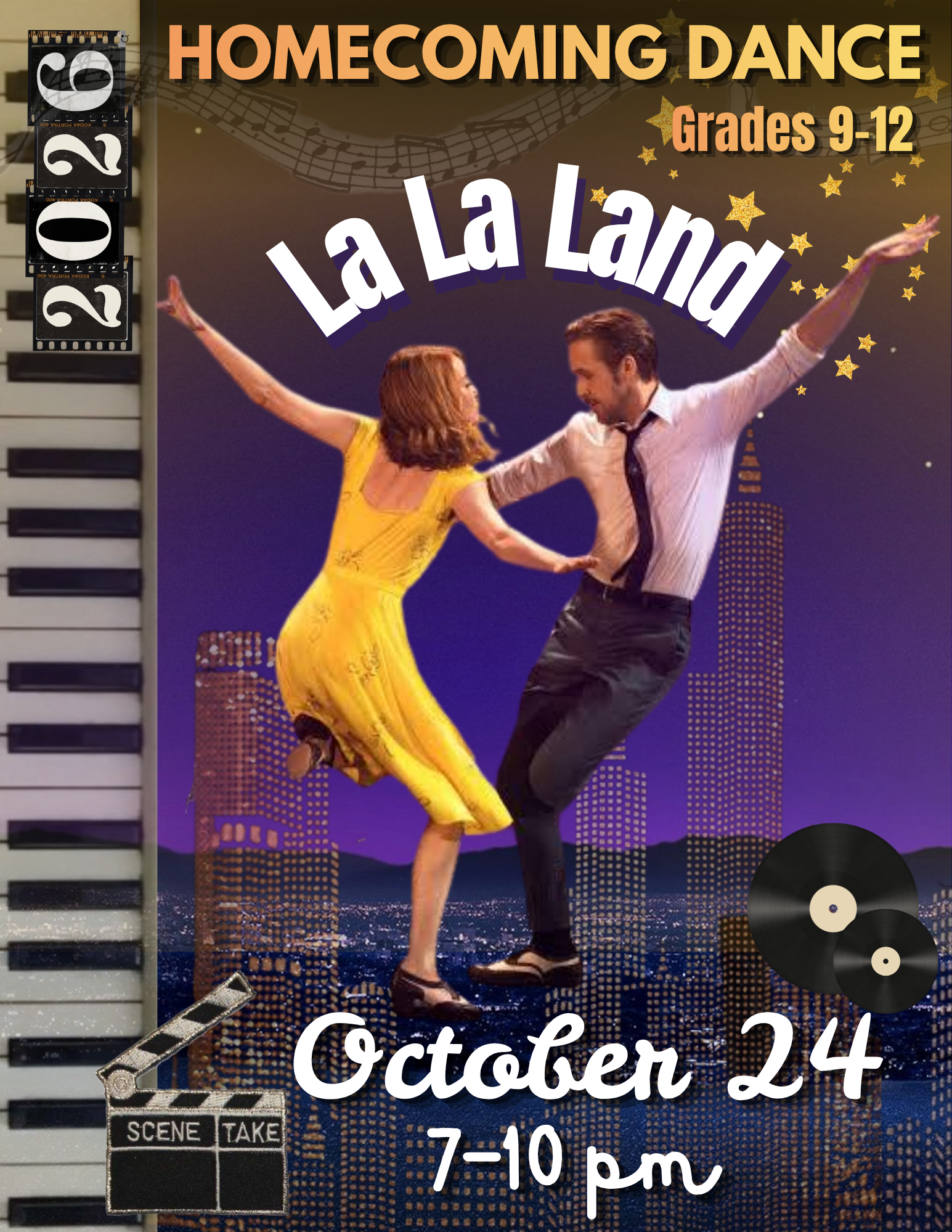 A poster for a school homecoming dance with a La La Land theme, featuring two dancers and event details.