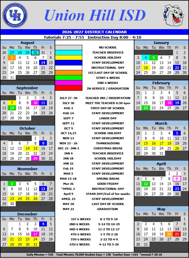 Revised 2026-2027 Union Hill School Calendar revised 7-28-2026 (corrected Good Friday date)