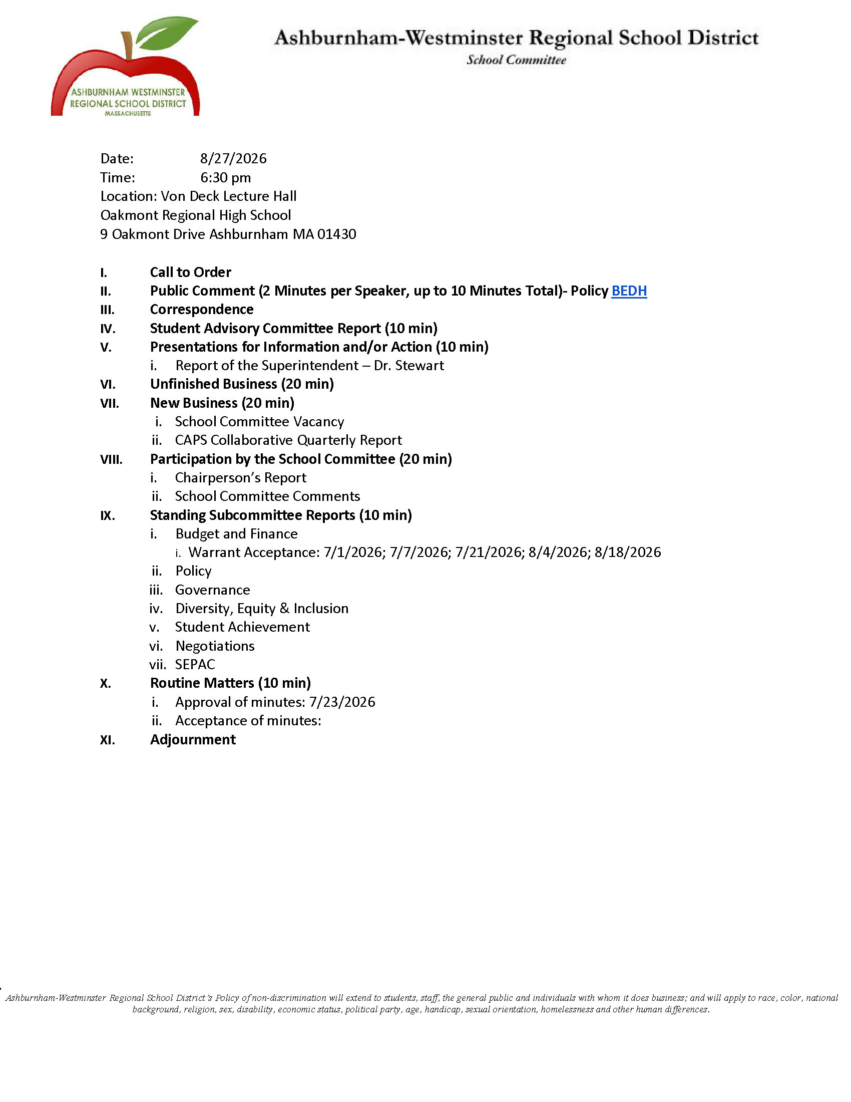 School Committee Meeting 8/27/2026
