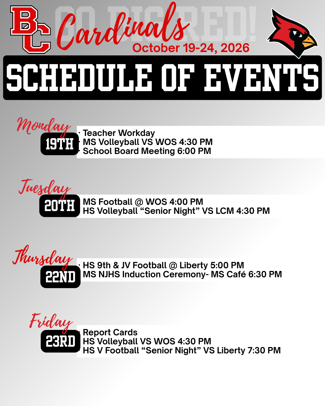 Cardinal Events week of October 19-24