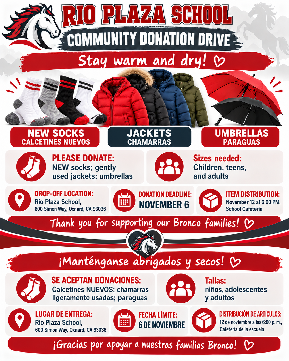 ❤️🧥 RIO PLAZA SCHOOL COMMUNITY DONATION DRIVE! 🧦☔