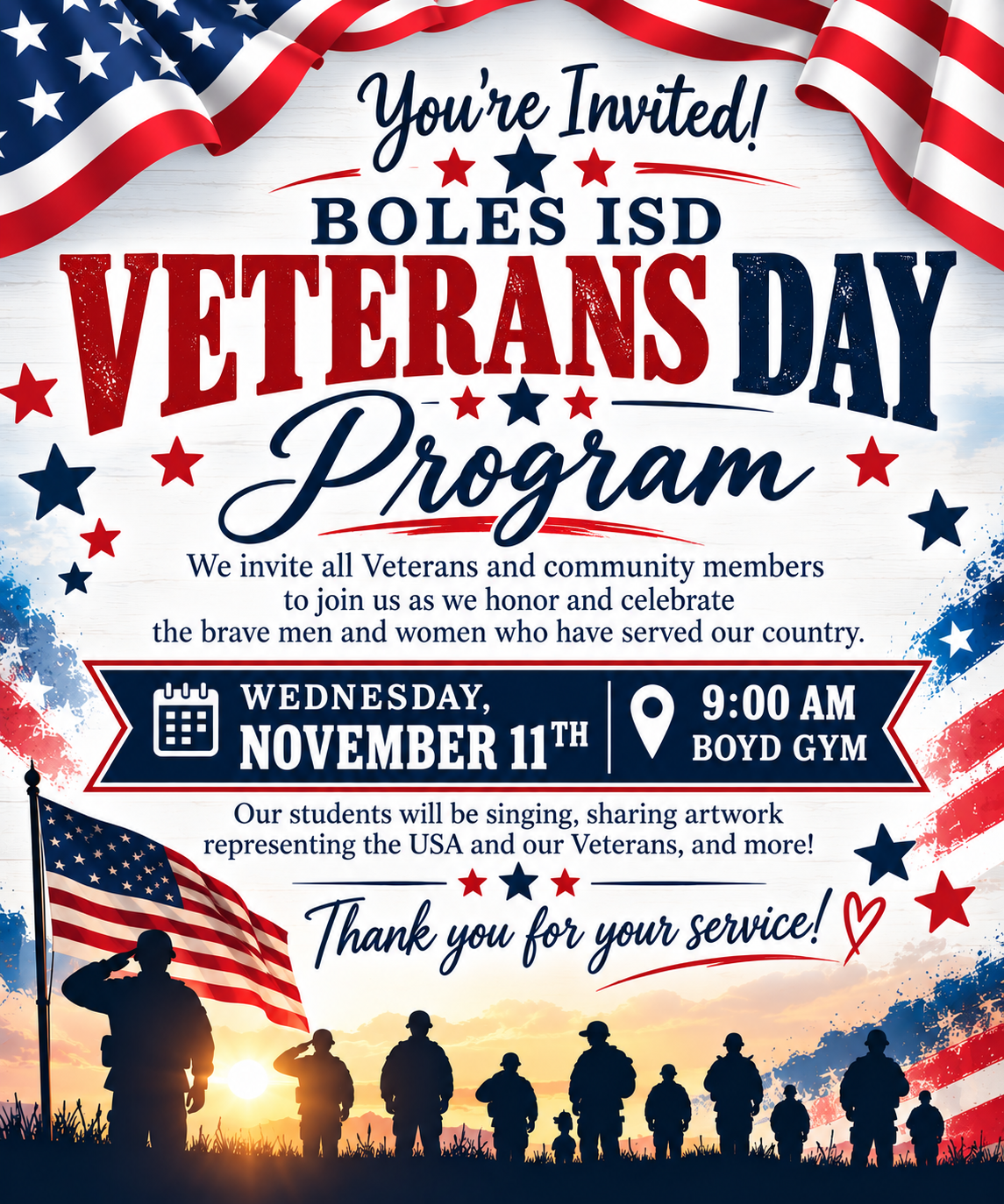 A patriotic flyer for the Boles ISD Veterans Day Program features American flags and silhouetted soldiers.