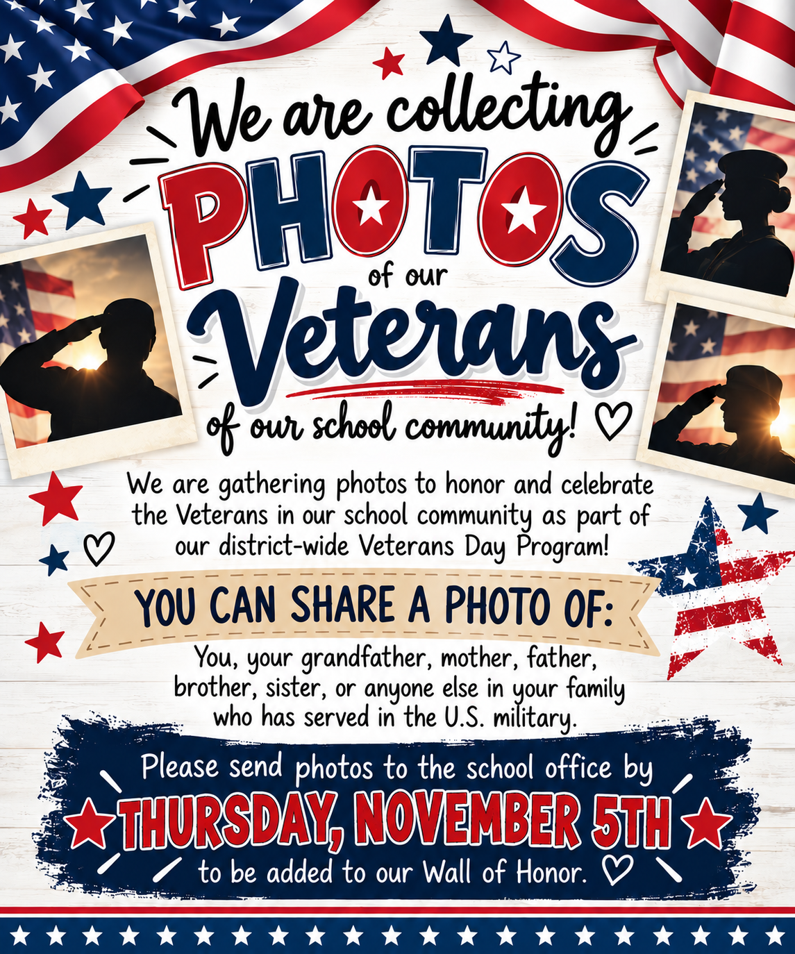 A patriotic flyer invites the school community to submit photos of veterans for a Veterans Day program.