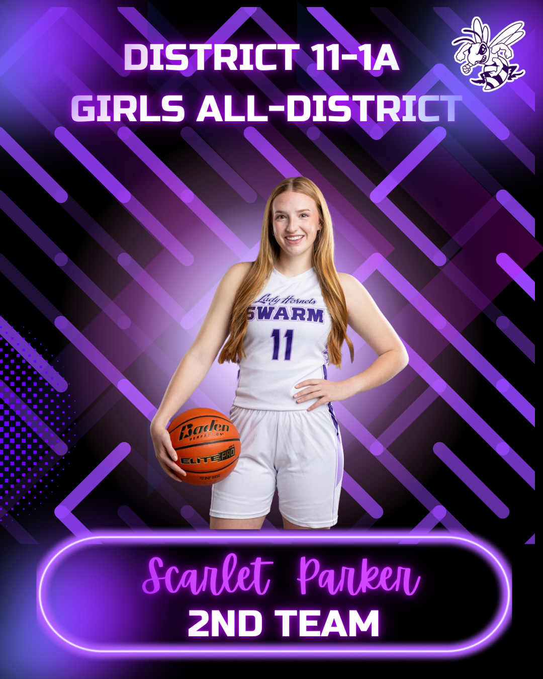 A young woman in a basketball uniform holds a Baden Elite Pro basketball, identified as Scarlet Parker, 2nd Team All-District.