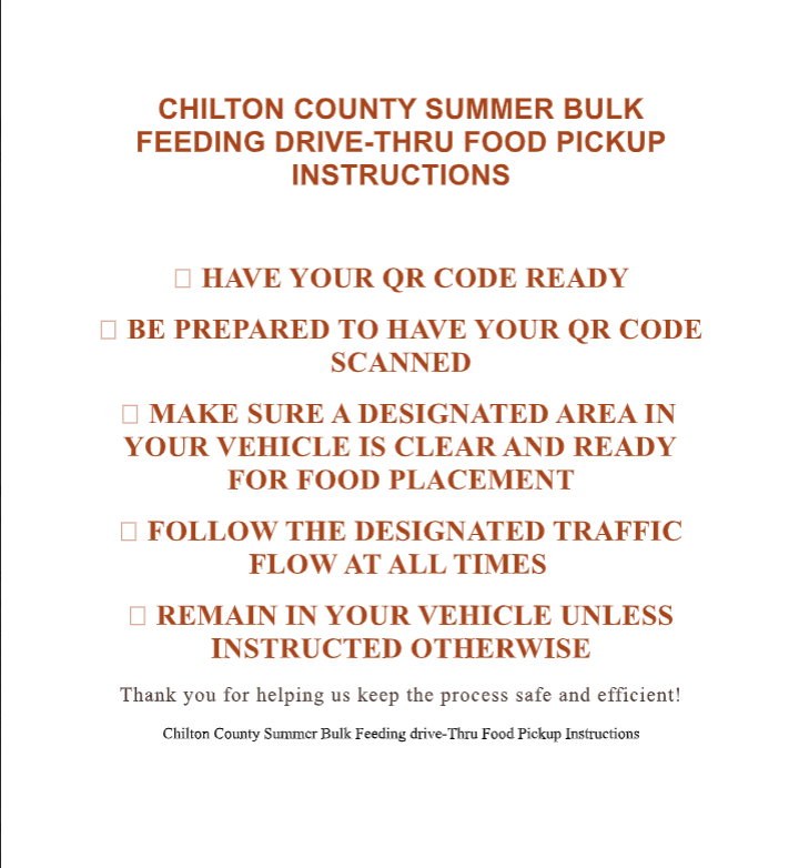 Instructions for Chilton County Summer Bulk Feeding Drive-Thru Food Pickup.
