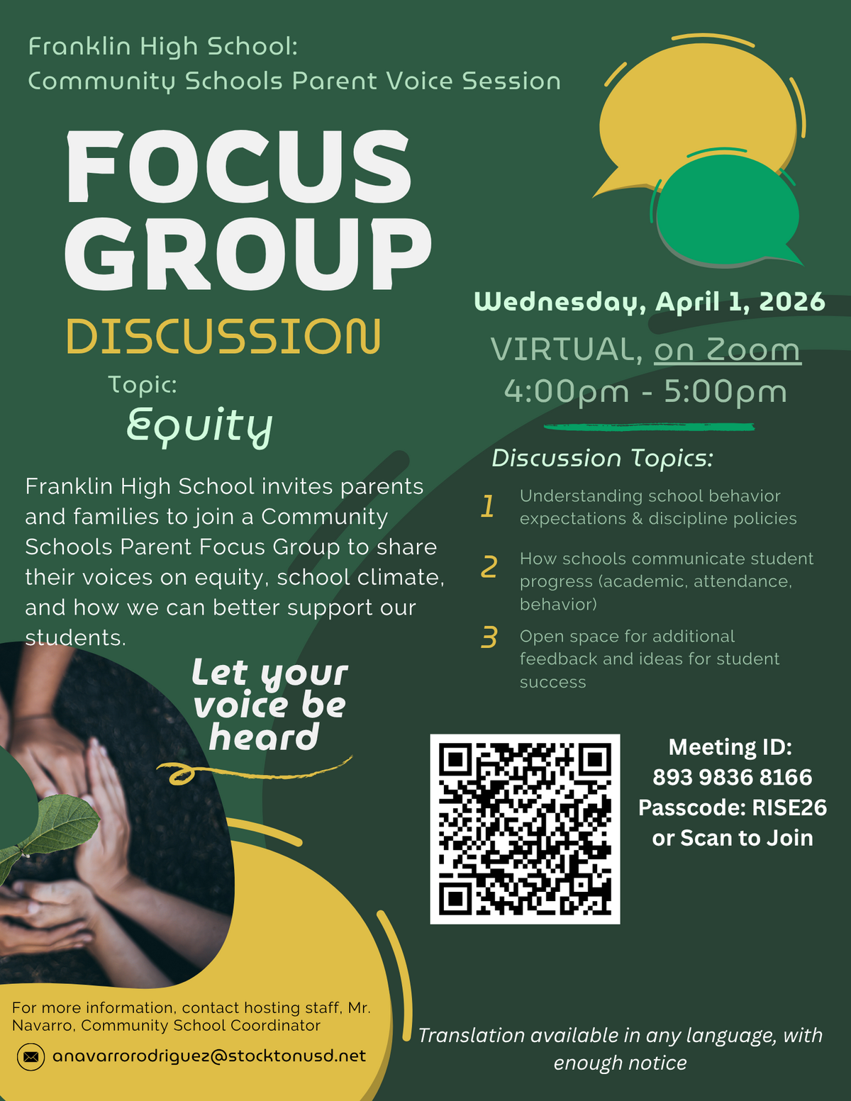 Poster for Franklin High School's Community Schools Parent Voice Session, a virtual focus group on equity.
