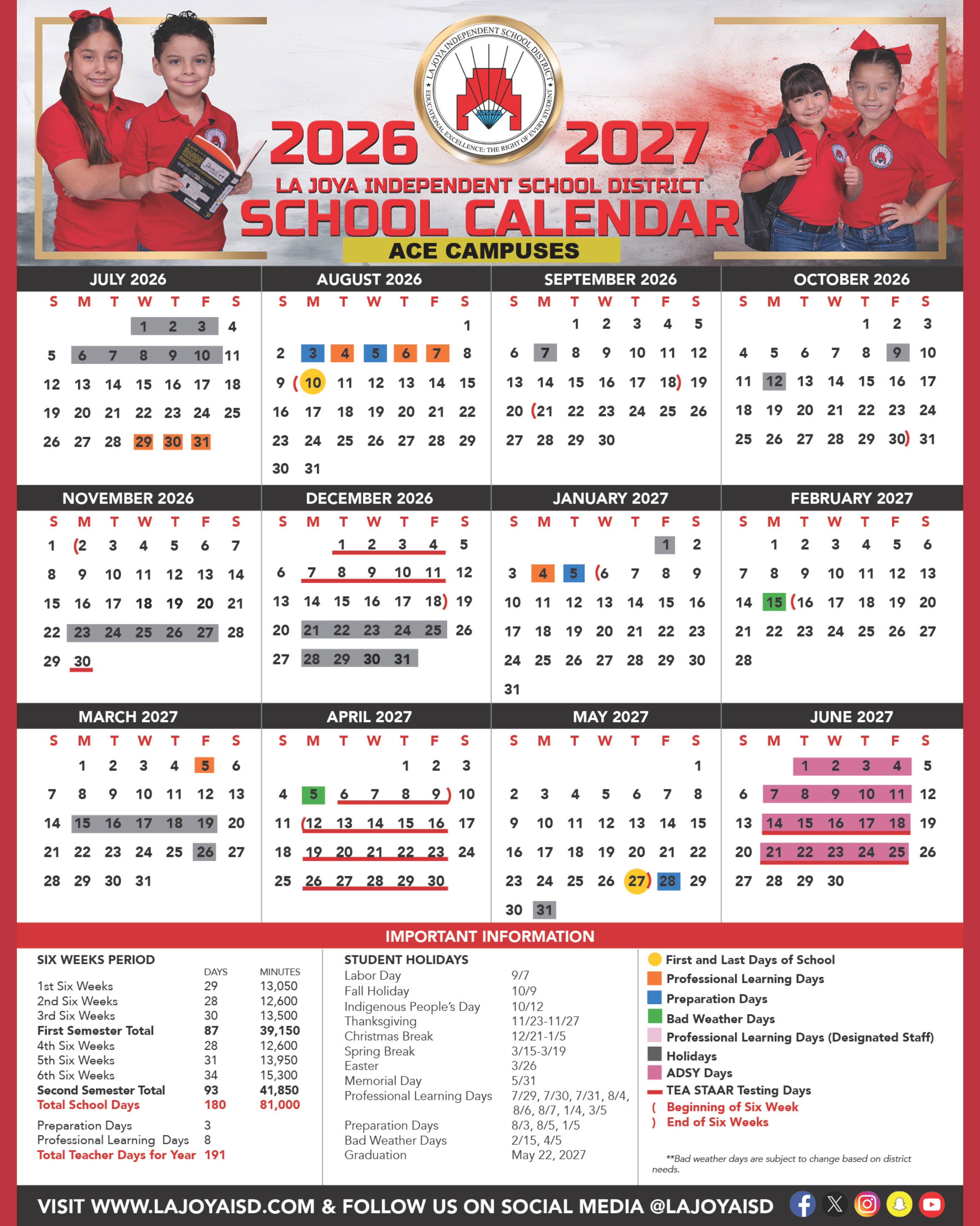 📅 The updated 2026–2027 La Joya ISD School Calendar is here!