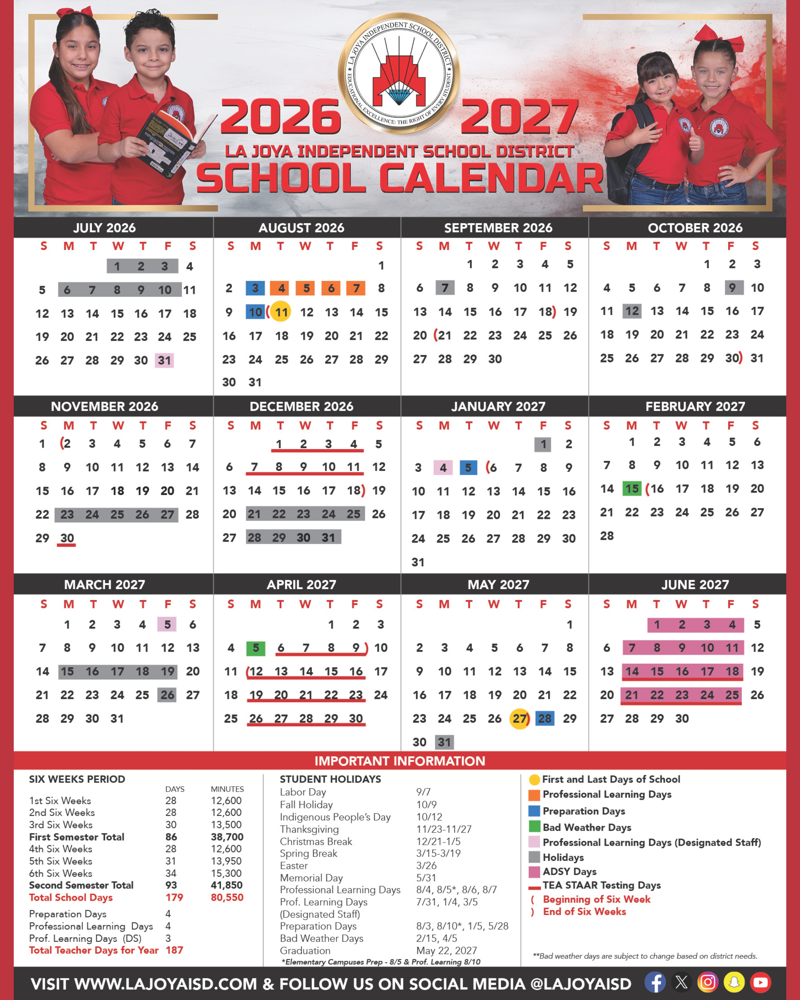 The La Joya Independent School District 2026-2027 school calendar is displayed, featuring monthly grids and important information.