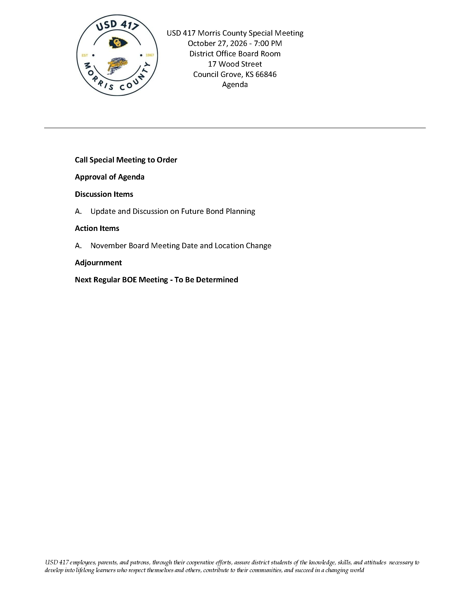 USD 417 Special BOE Meeting October 27