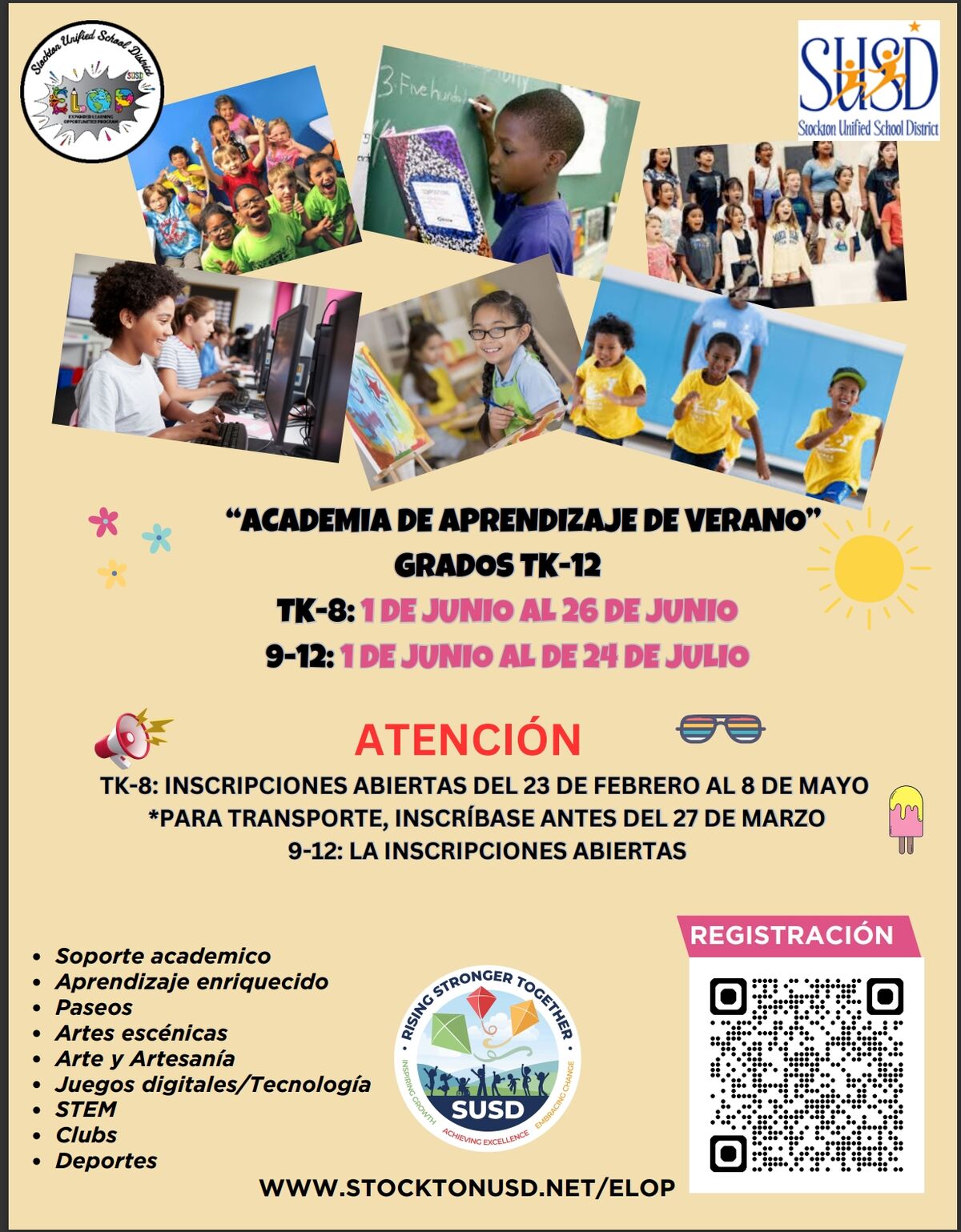 A collage of images showcases children engaged in various summer learning activities, including art, computer use, and group play, with event details in Spanish.